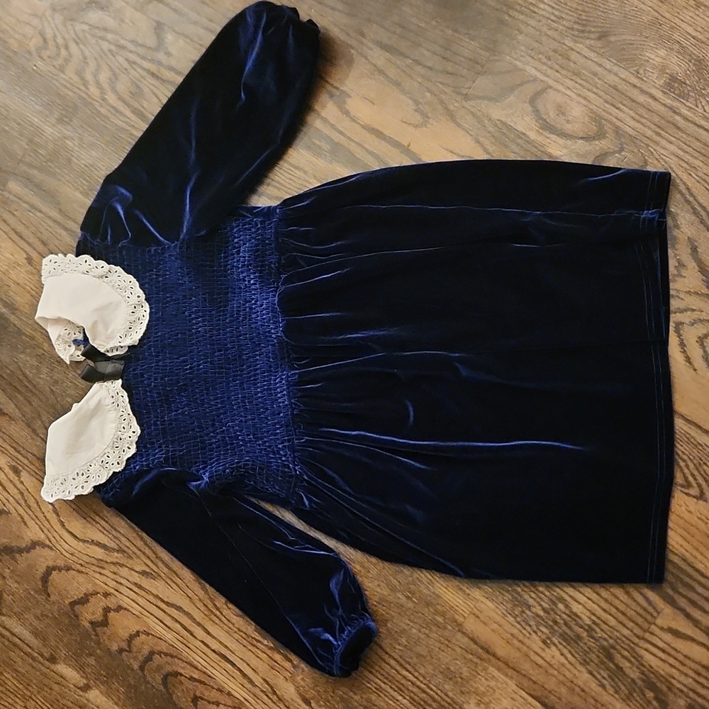 Blue Velvet Dress with Lace Collar